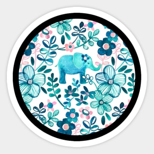 Dusty Pink, White and Teal Elephant and Floral Watercolor Pattern Sticker